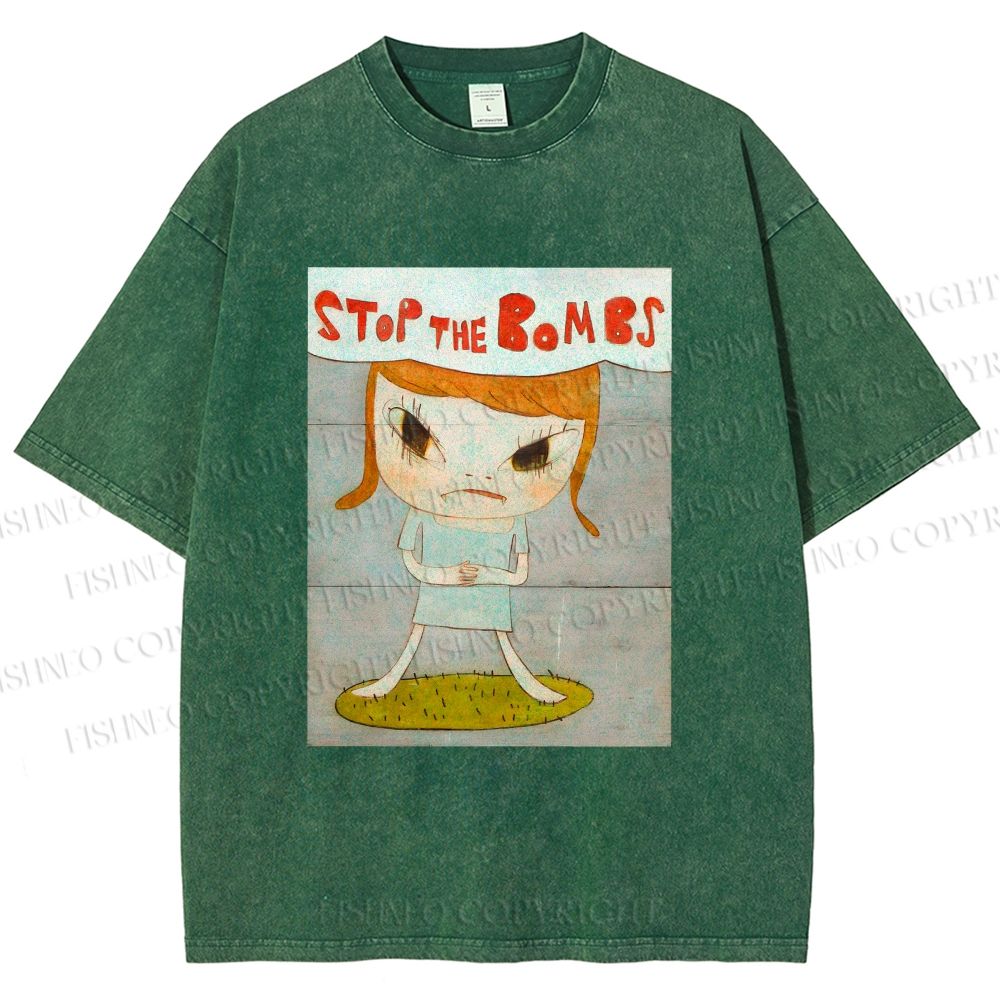 Unisex Yoshitomo Nara Stop The Bombs Printed Washed Tee