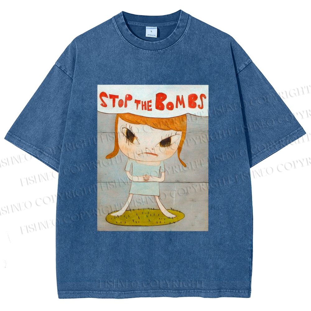 Unisex Yoshitomo Nara Stop The Bombs Printed Washed Tee