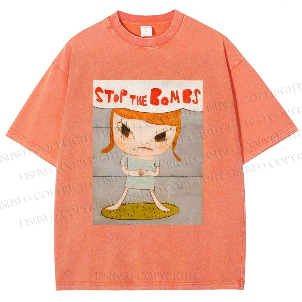 Unisex Yoshitomo Nara Stop The Bombs Printed Washed Tee
