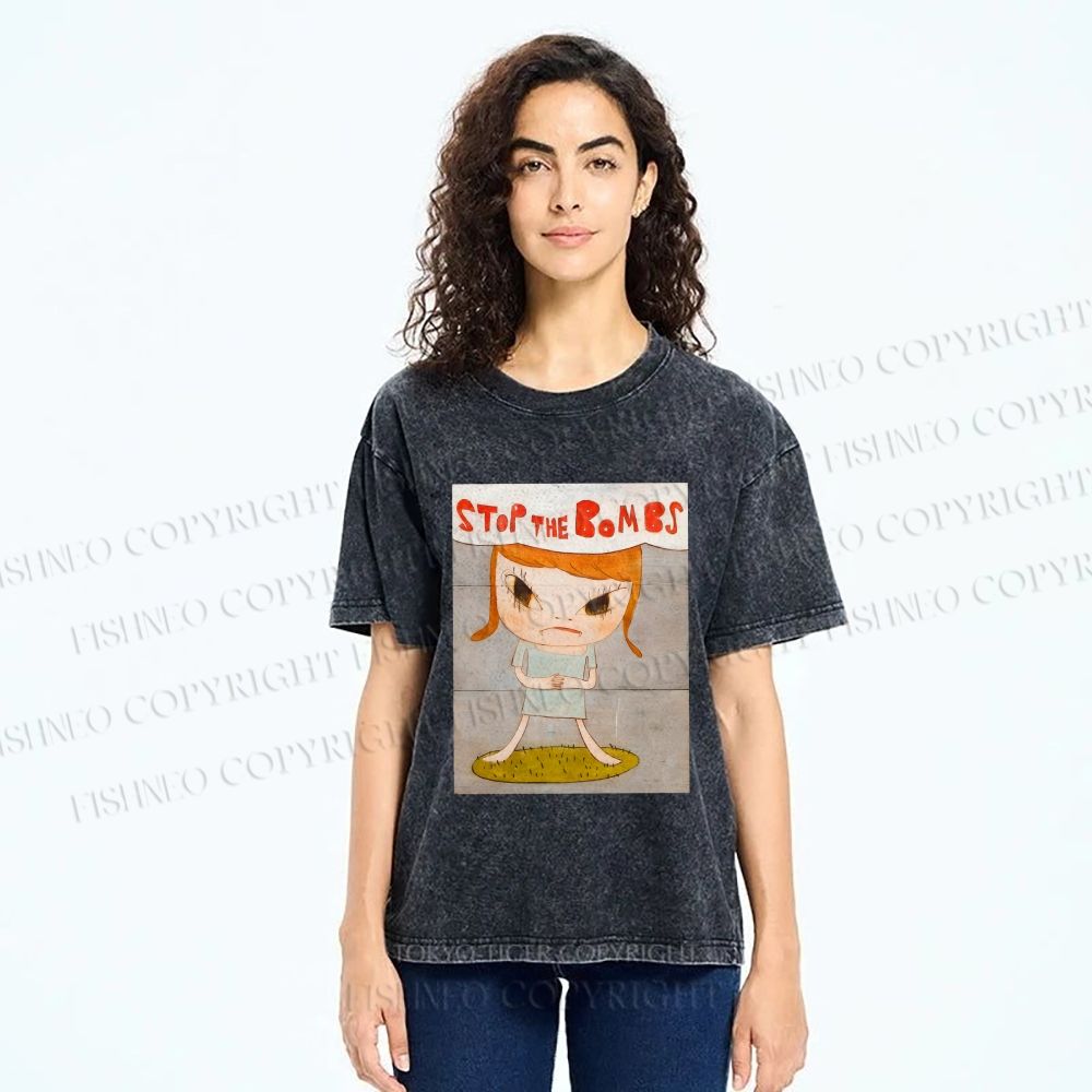 Unisex Yoshitomo Nara Stop The Bombs Printed Washed Tee