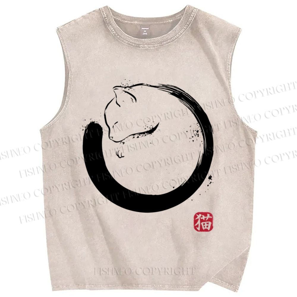 Unisex Cat Printed Washed Tank Top