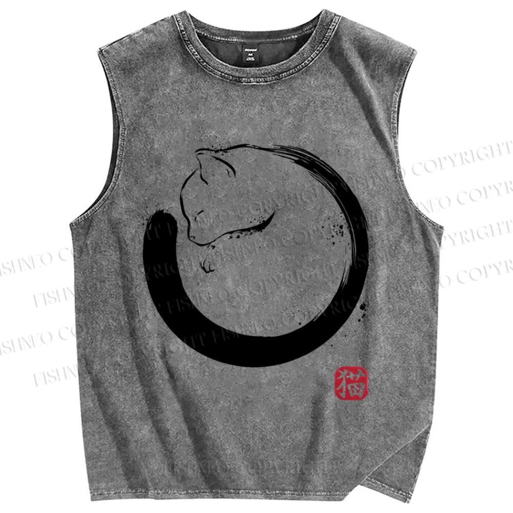 Unisex Cat Printed Washed Tank Top