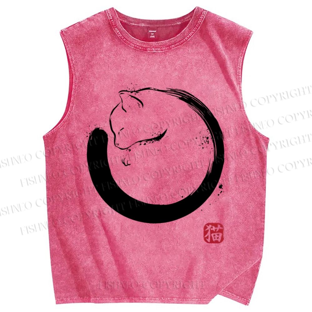 Unisex Cat Printed Washed Tank Top