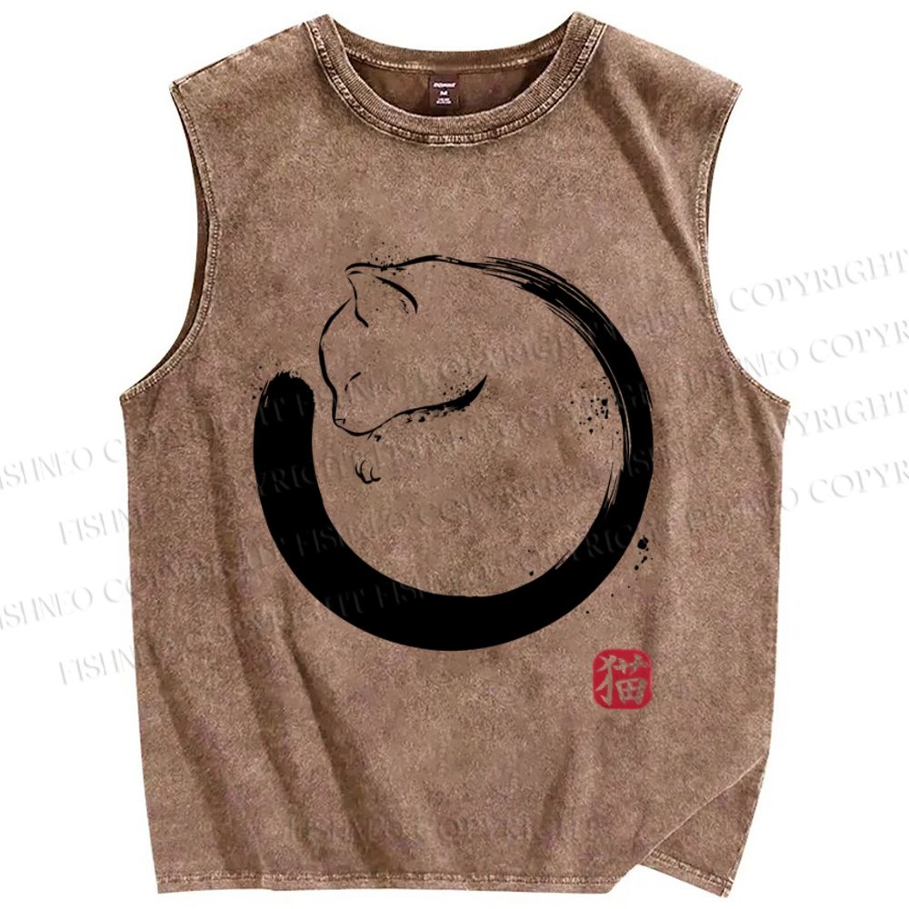 Unisex Cat Printed Washed Tank Top
