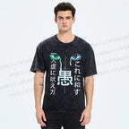 Unisex Strange Looking Japanese Printed Washed Tee