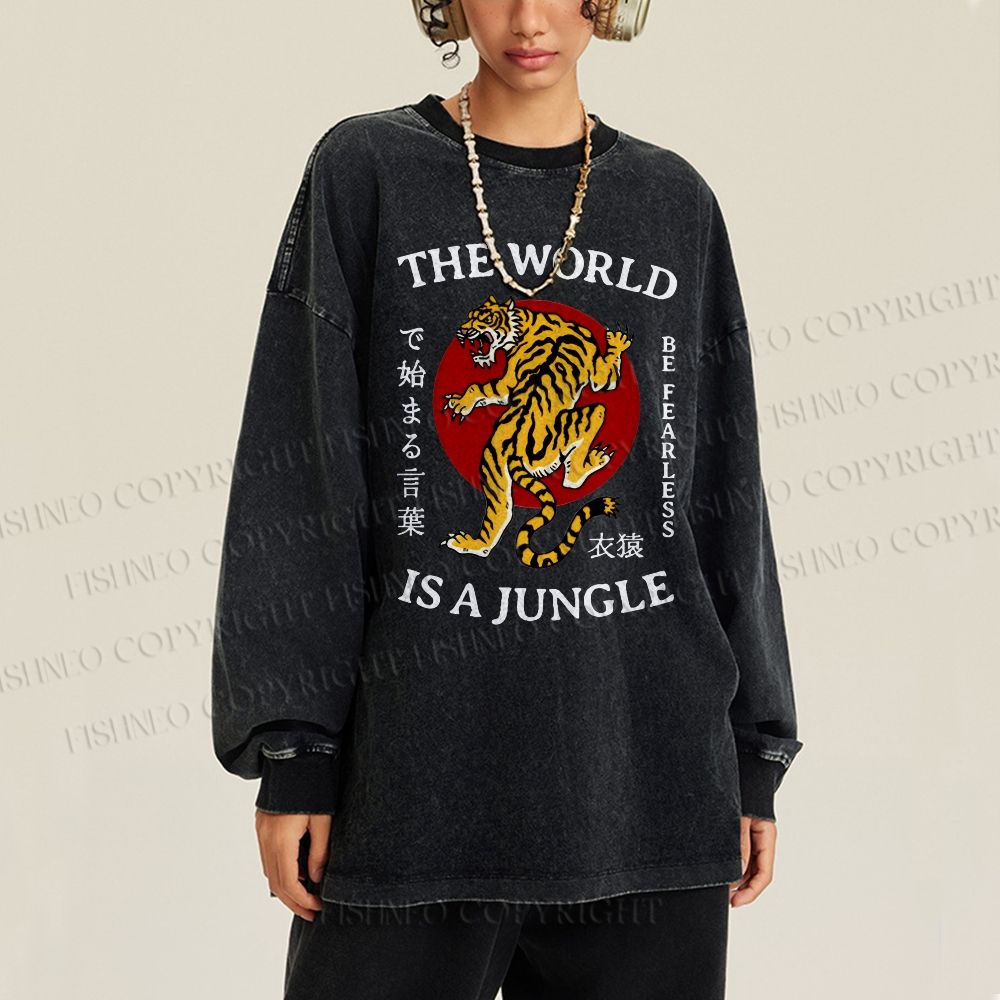 Unisex Casual Washed The World Is A Jungle Printed Long Sleeve T-shirt