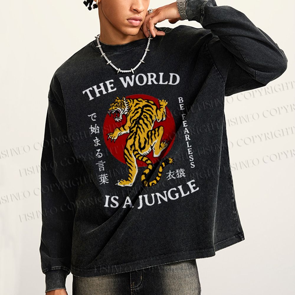 Unisex Casual Washed The World Is A Jungle Printed Long Sleeve T-shirt