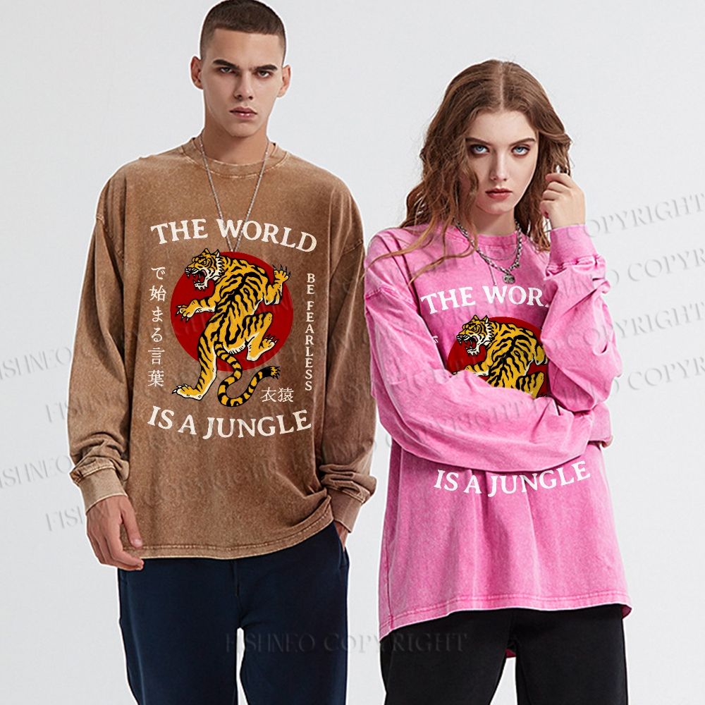 Unisex Casual Washed The World Is A Jungle Printed Long Sleeve T-shirt