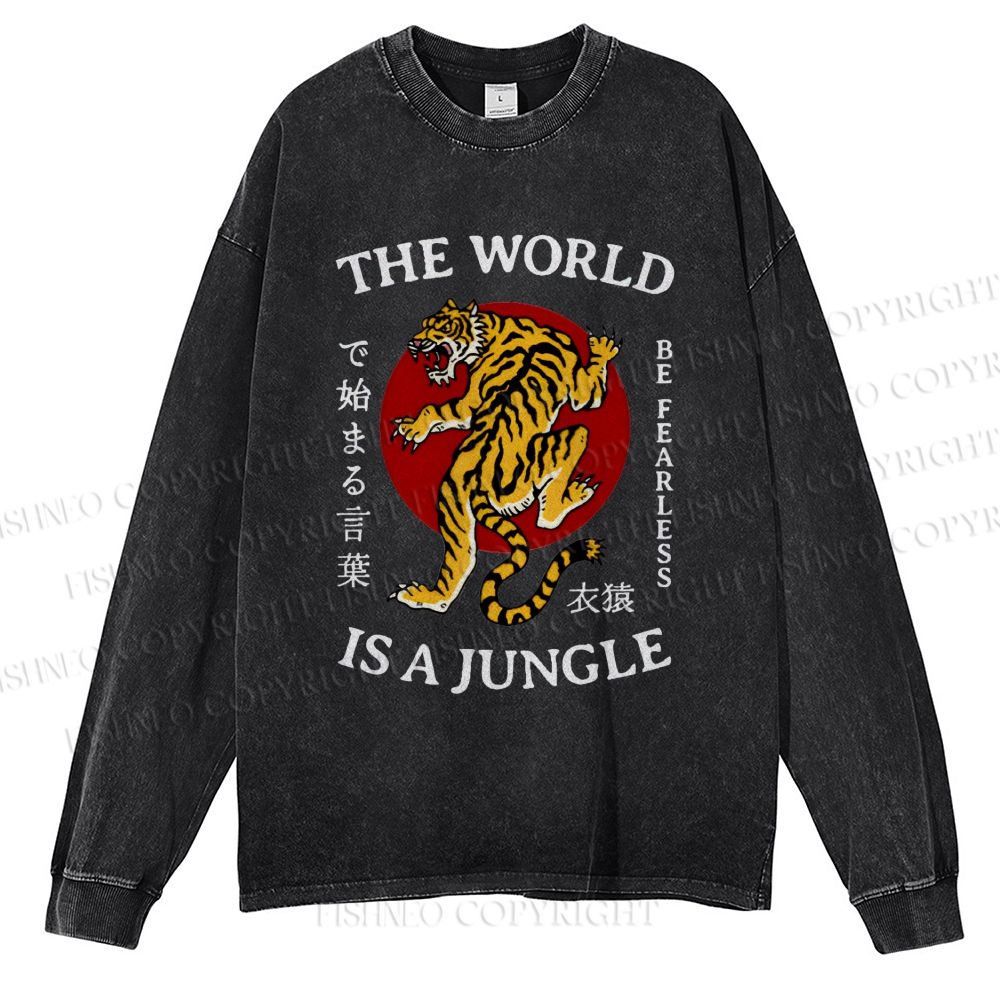 Unisex Casual Washed The World Is A Jungle Printed Long Sleeve T-shirt