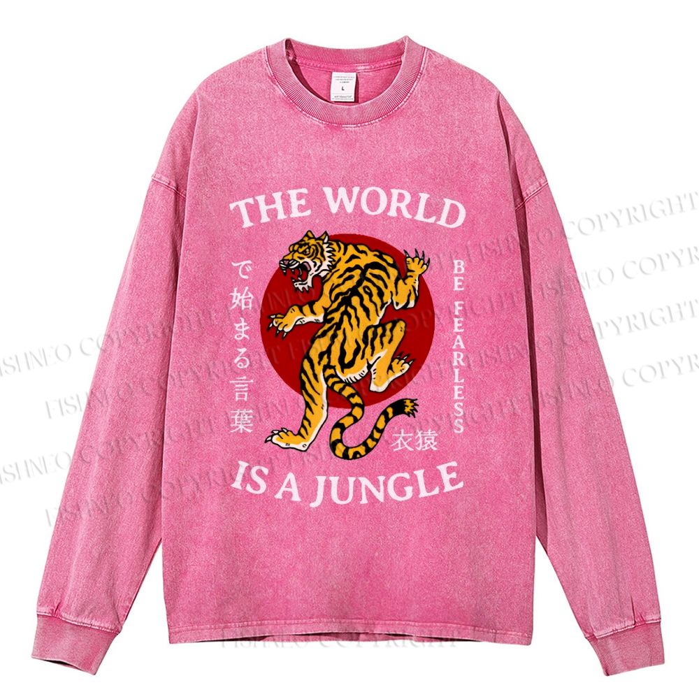 Unisex Casual Washed The World Is A Jungle Printed Long Sleeve T-shirt