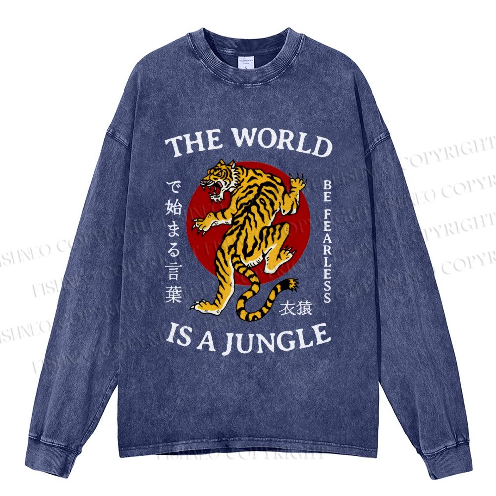 Unisex Casual Washed The World Is A Jungle Printed Long Sleeve T-shirt