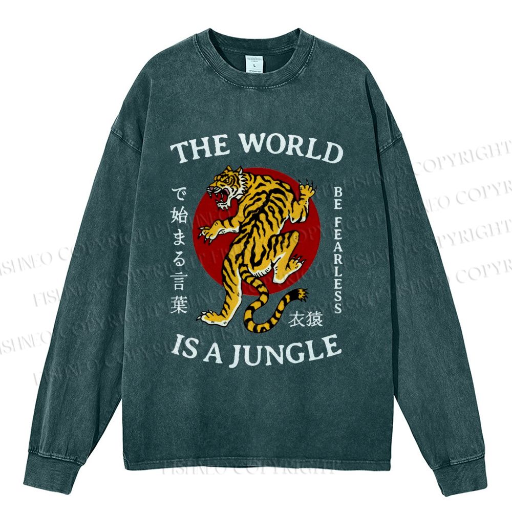 Unisex Casual Washed The World Is A Jungle Printed Long Sleeve T-shirt