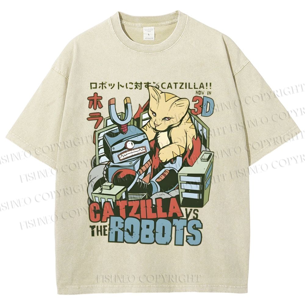 Unisex Catzilla Vs Robots Printed Washed Tee