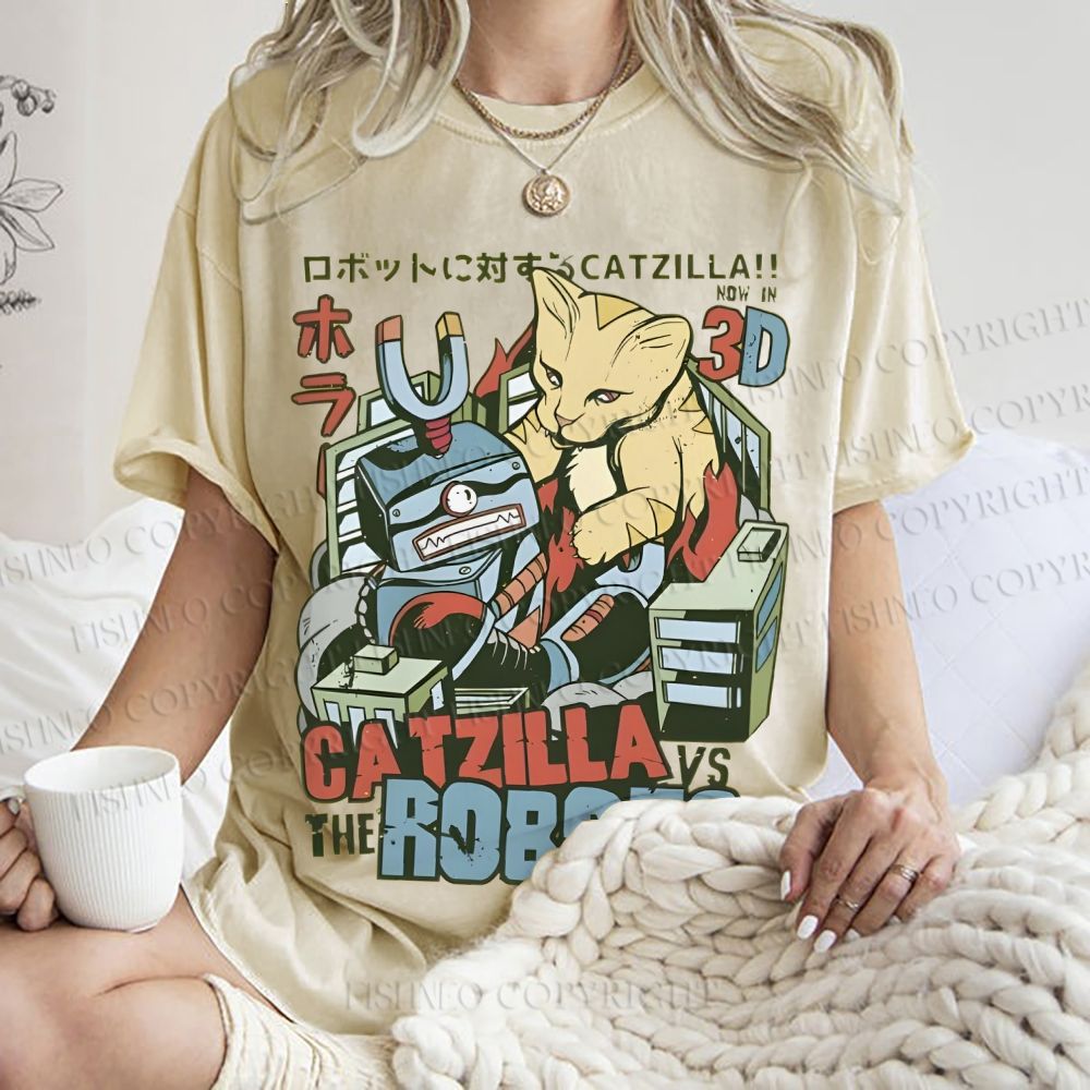 Unisex Catzilla Vs Robots Printed Washed Tee