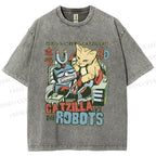 Unisex Catzilla Vs Robots Printed Washed Tee