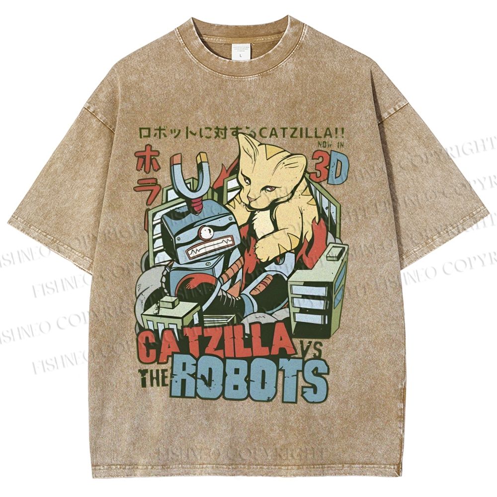 Unisex Catzilla Vs Robots Printed Washed Tee