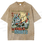 Unisex Catzilla Vs Robots Printed Washed Tee