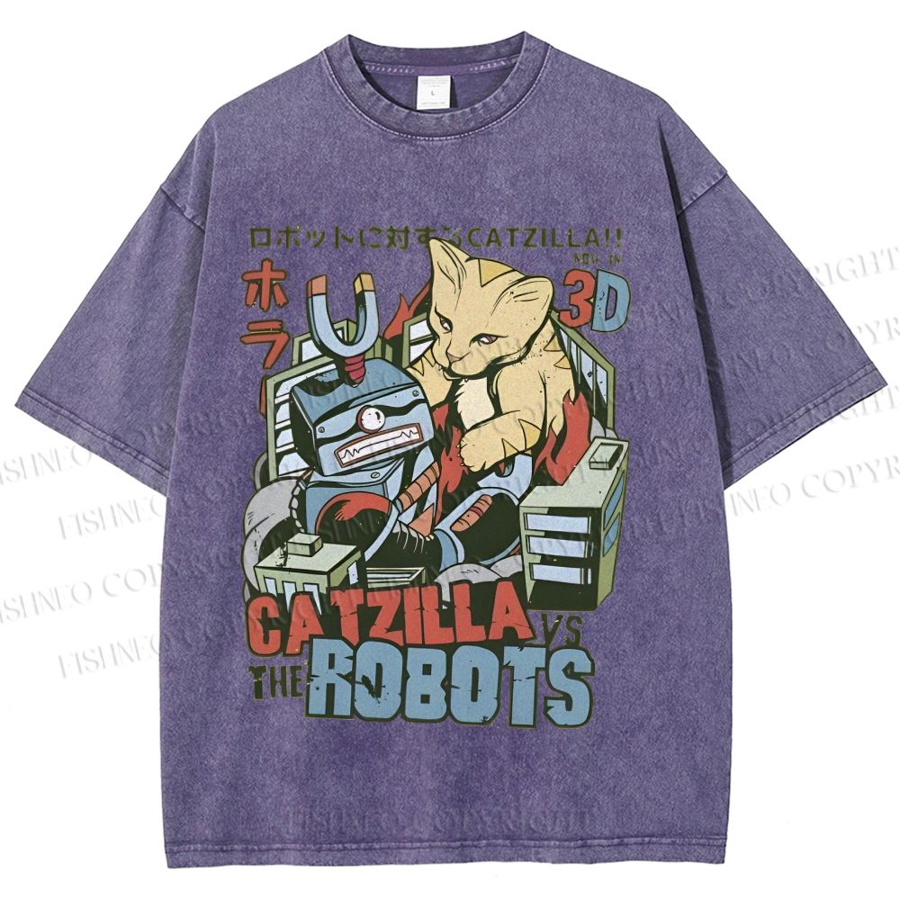 Unisex Catzilla Vs Robots Printed Washed Tee