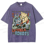 Unisex Catzilla Vs Robots Printed Washed Tee