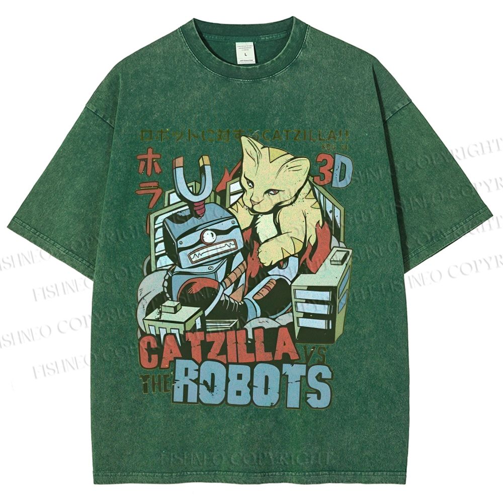 Unisex Catzilla Vs Robots Printed Washed Tee