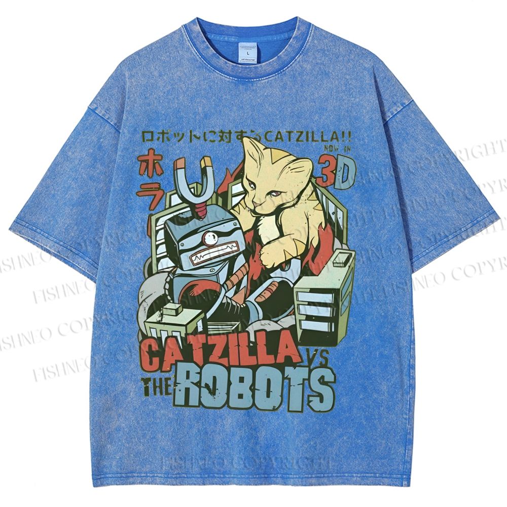 Unisex Catzilla Vs Robots Printed Washed Tee