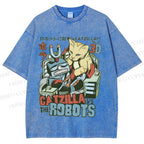 Unisex Catzilla Vs Robots Printed Washed Tee