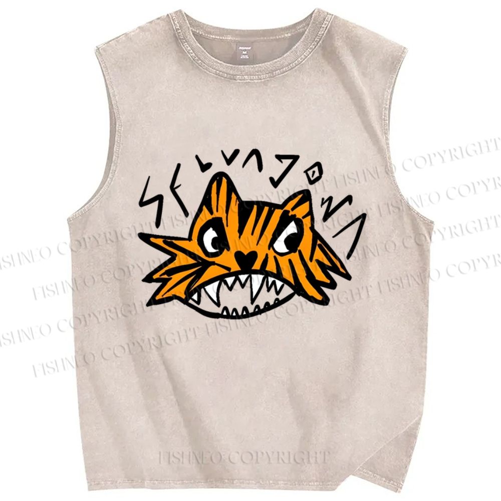 Unisex Tiger Printed Washed Tank Top
