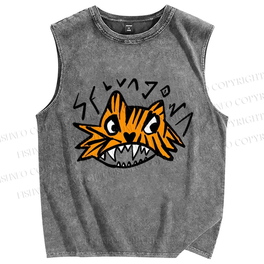 Unisex Tiger Printed Washed Tank Top