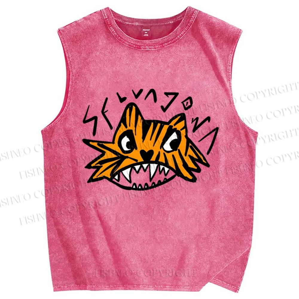 Unisex Tiger Printed Washed Tank Top