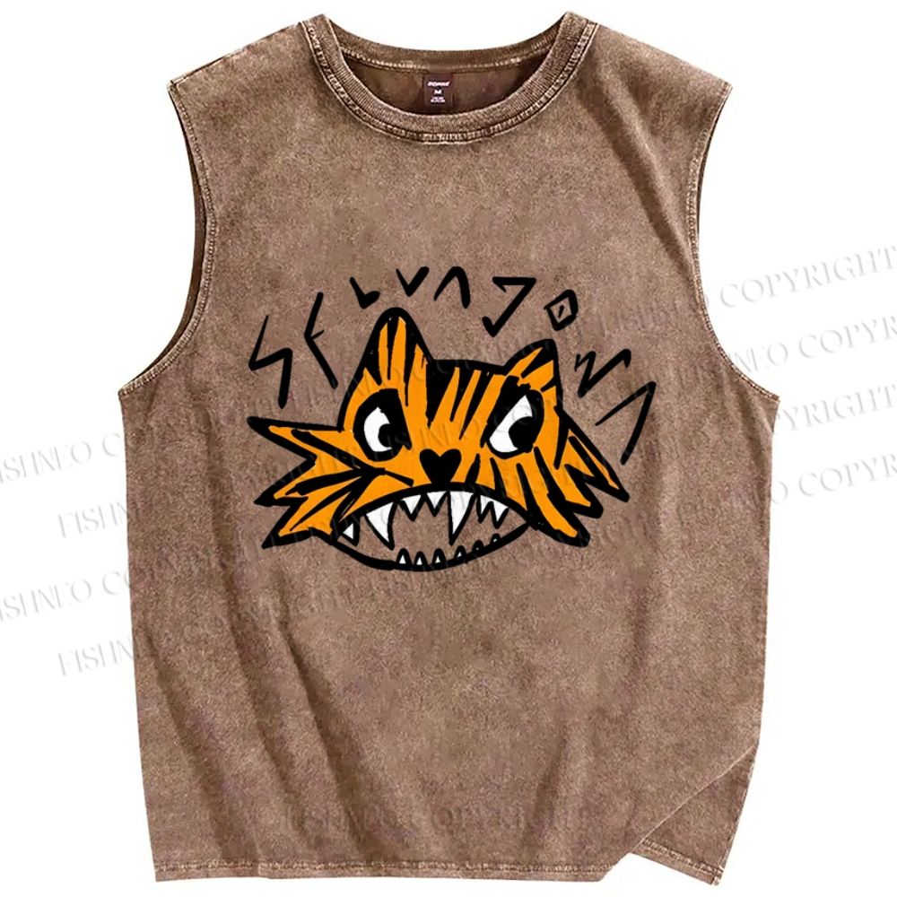 Unisex Tiger Printed Washed Tank Top