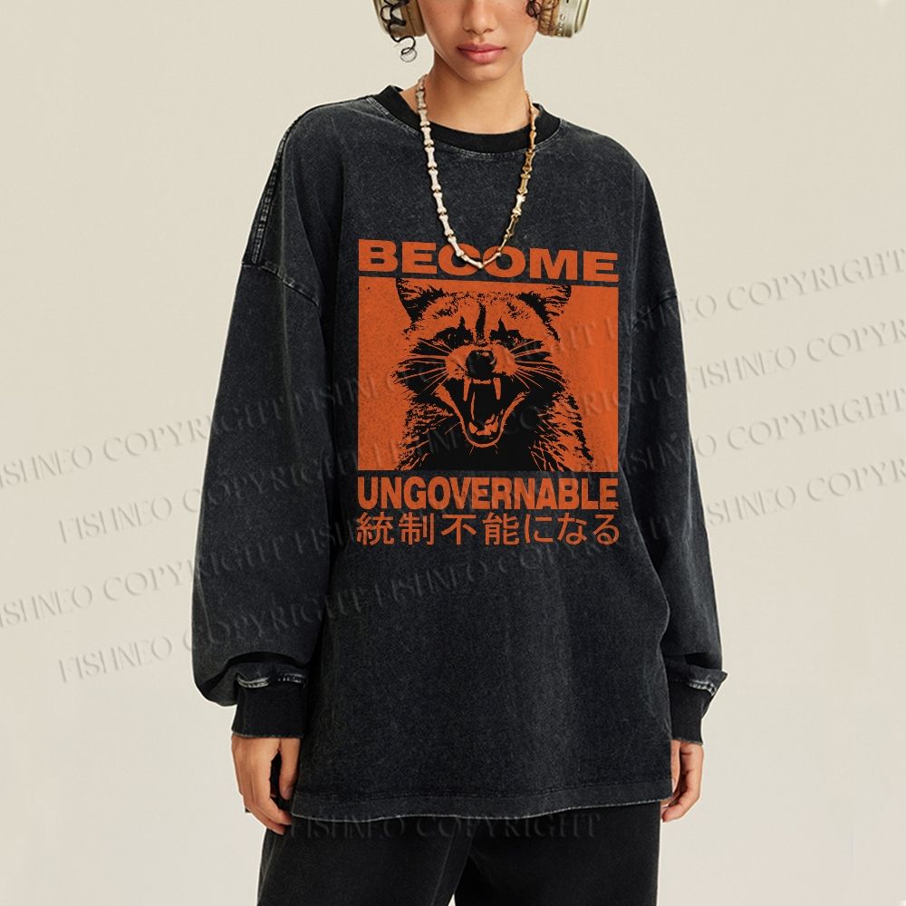 Unisex Casual Washed Ungovernable Raccoon Printed Long Sleeve T-shirt