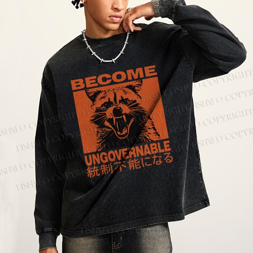 Unisex Casual Washed Ungovernable Raccoon Printed Long Sleeve T-shirt