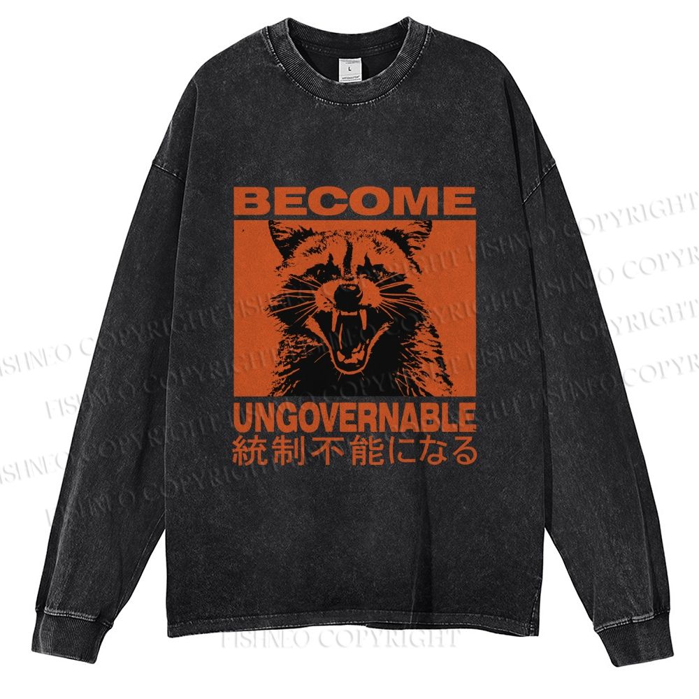 Unisex Casual Washed Ungovernable Raccoon Printed Long Sleeve T-shirt