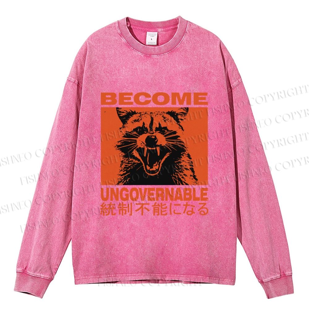 Unisex Casual Washed Ungovernable Raccoon Printed Long Sleeve T-shirt