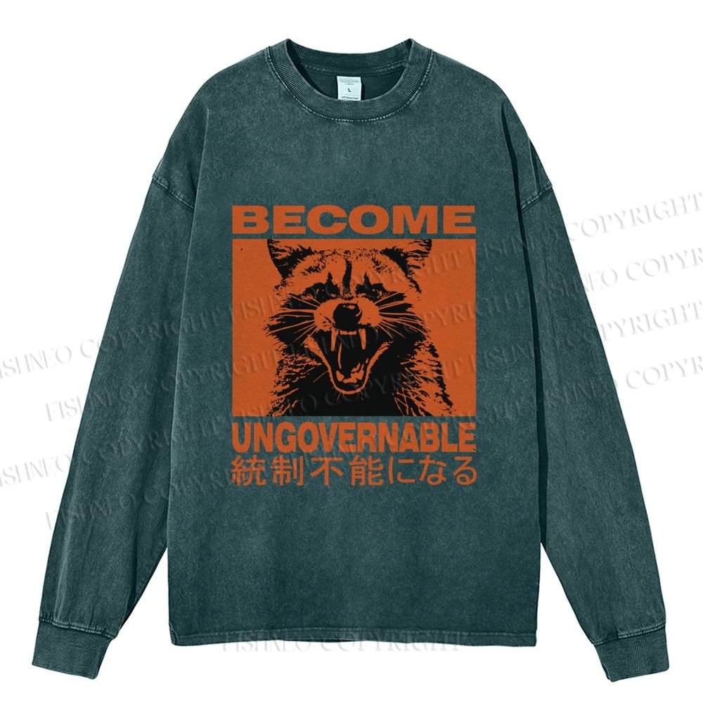 Unisex Casual Washed Ungovernable Raccoon Printed Long Sleeve T-shirt