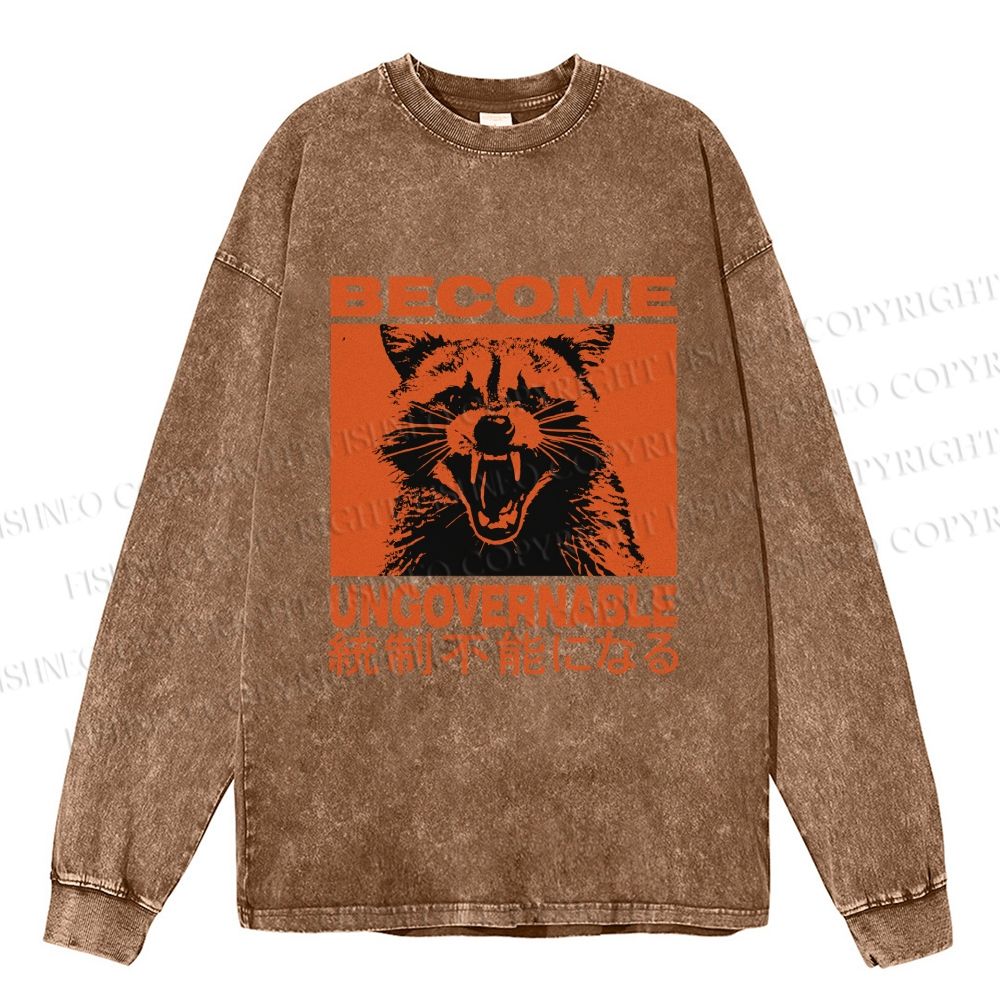 Unisex Casual Washed Ungovernable Raccoon Printed Long Sleeve T-shirt