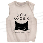 Unisex Black Cat Watching Your Work Vintage Printed Washed Tank Top