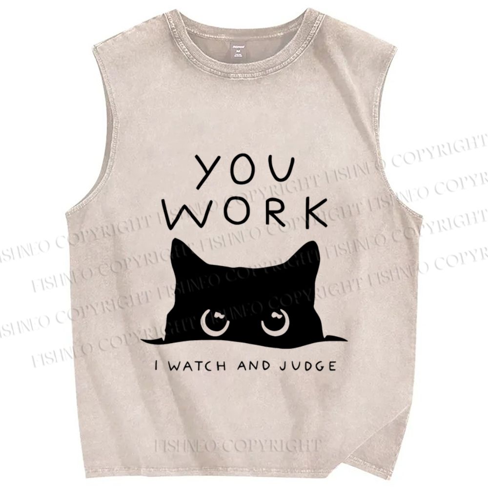 Unisex Black Cat Watching Your Work Vintage Printed Washed Tank Top