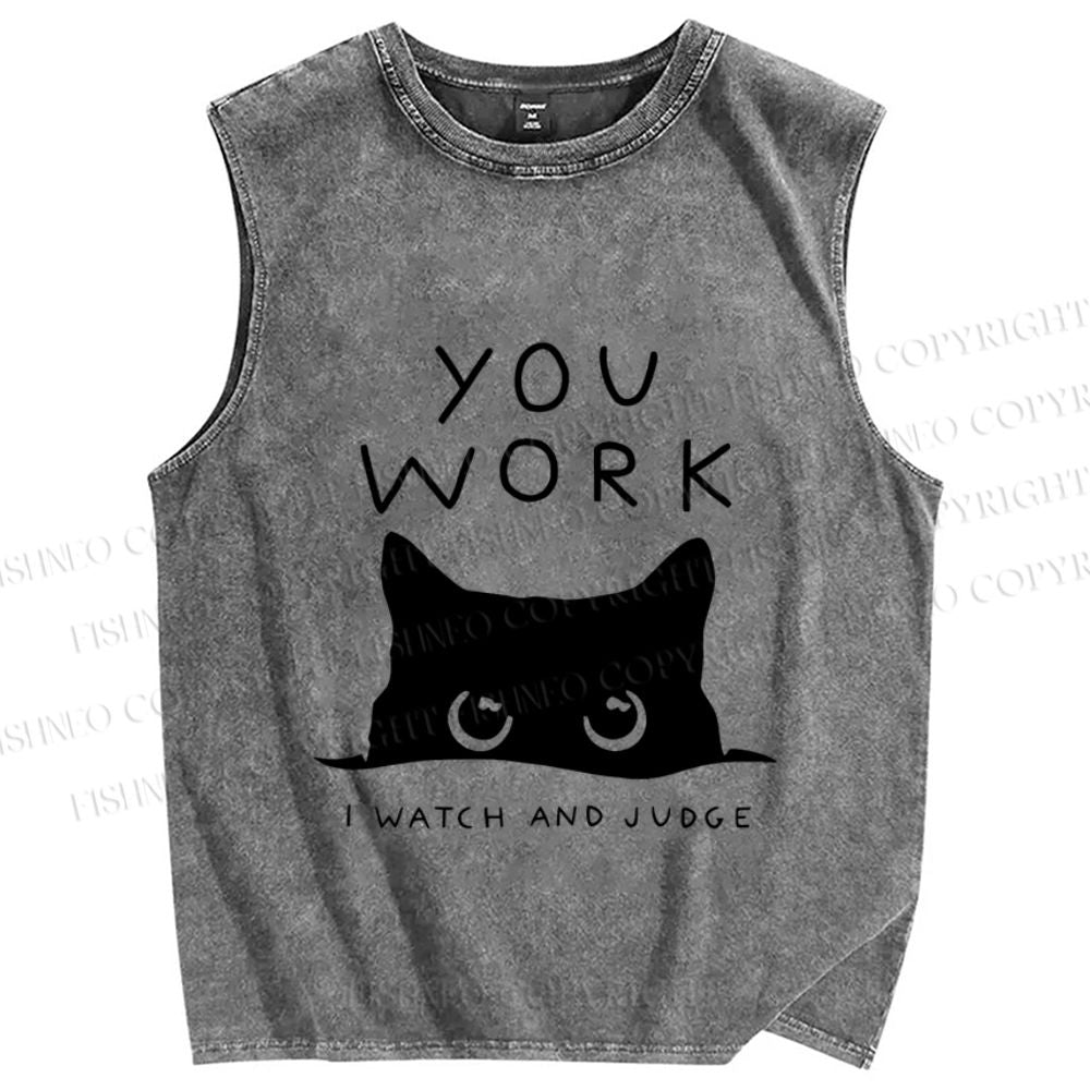 Unisex Black Cat Watching Your Work Vintage Printed Washed Tank Top