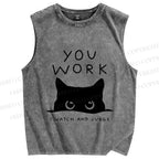 Unisex Black Cat Watching Your Work Vintage Printed Washed Tank Top