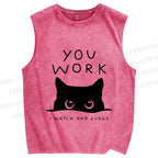 Unisex Black Cat Watching Your Work Vintage Printed Washed Tank Top