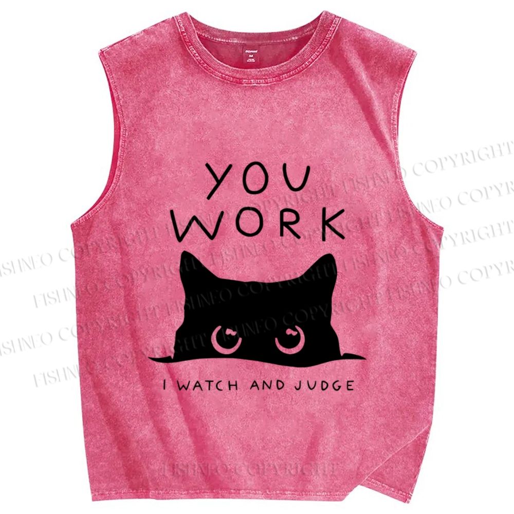 Unisex Black Cat Watching Your Work Vintage Printed Washed Tank Top
