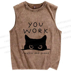 Unisex Black Cat Watching Your Work Vintage Printed Washed Tank Top