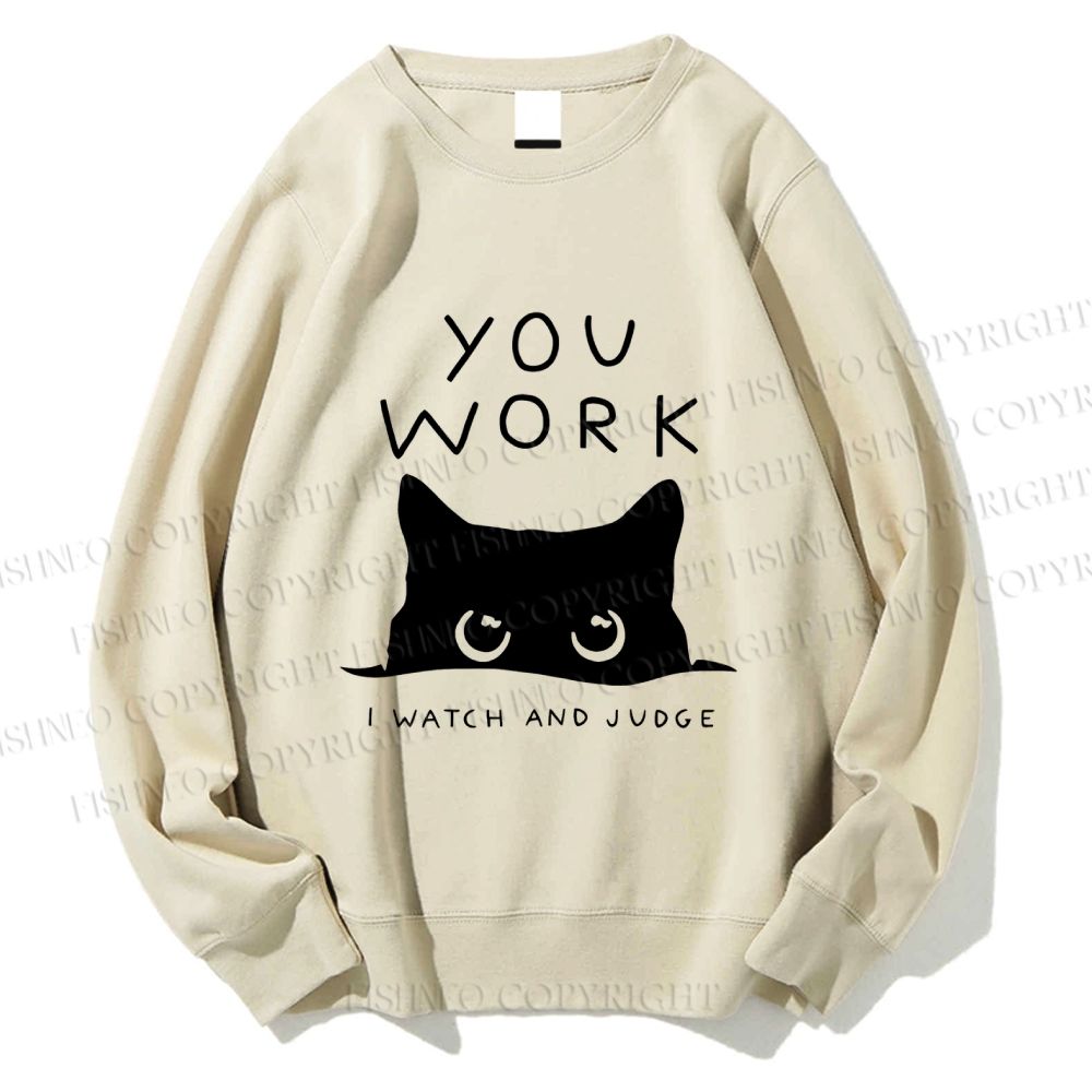 Unisex Black Cat Watching Your Work Vintage Printed Sweatshirt