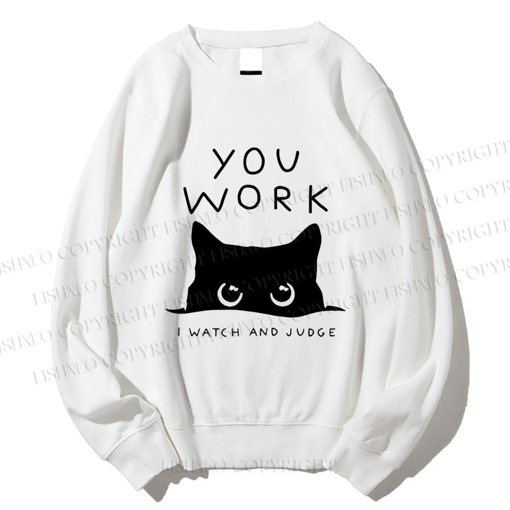 Unisex Black Cat Watching Your Work Vintage Printed Sweatshirt