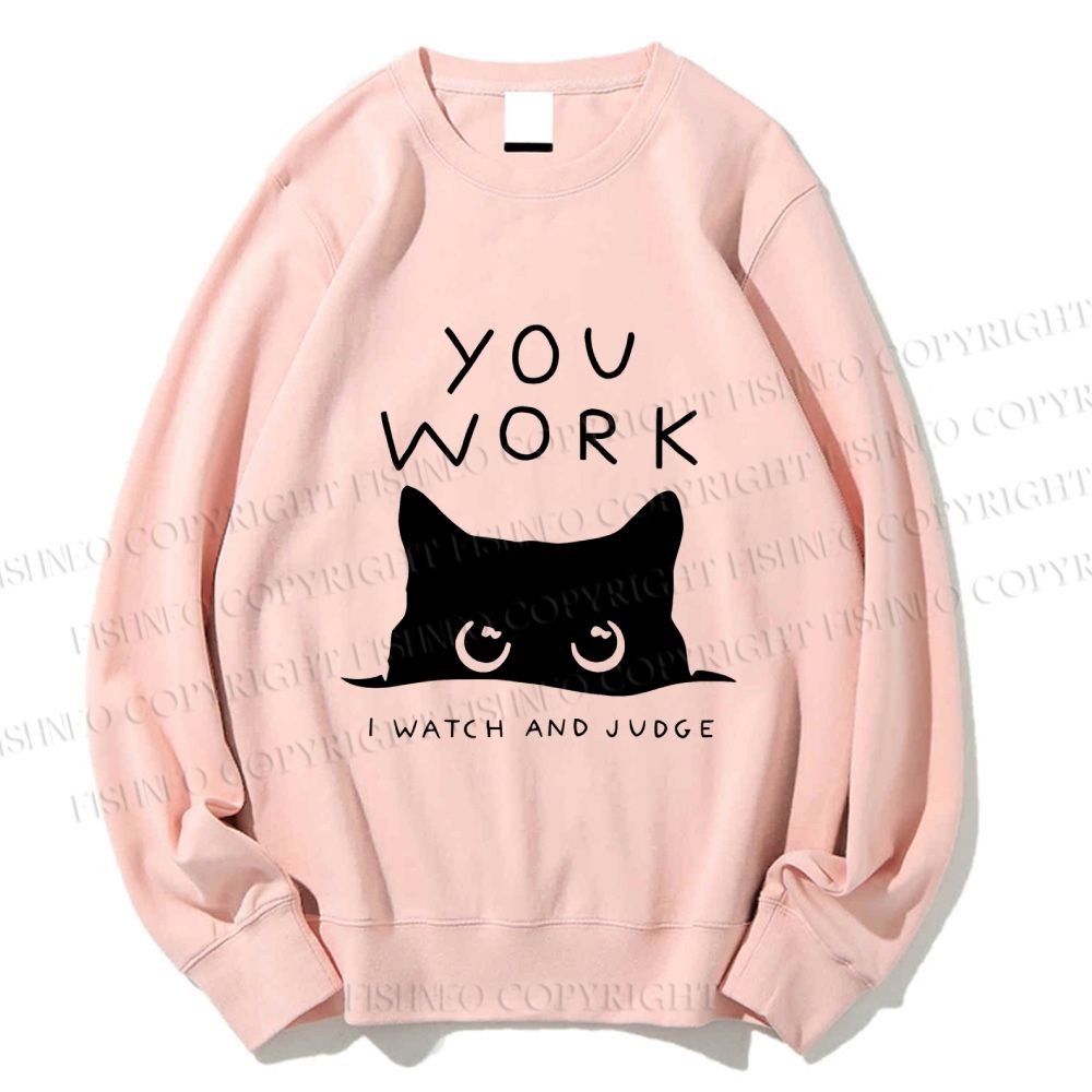 Unisex Black Cat Watching Your Work Vintage Printed Sweatshirt