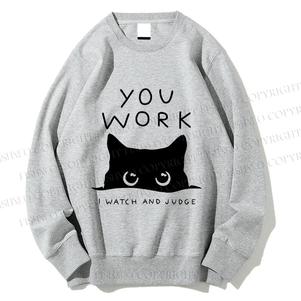 Unisex Black Cat Watching Your Work Vintage Printed Sweatshirt