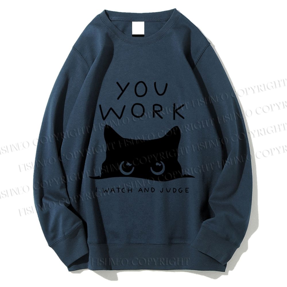 Unisex Black Cat Watching Your Work Vintage Printed Sweatshirt