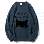 Unisex Black Cat Watching Your Work Vintage Printed Sweatshirt