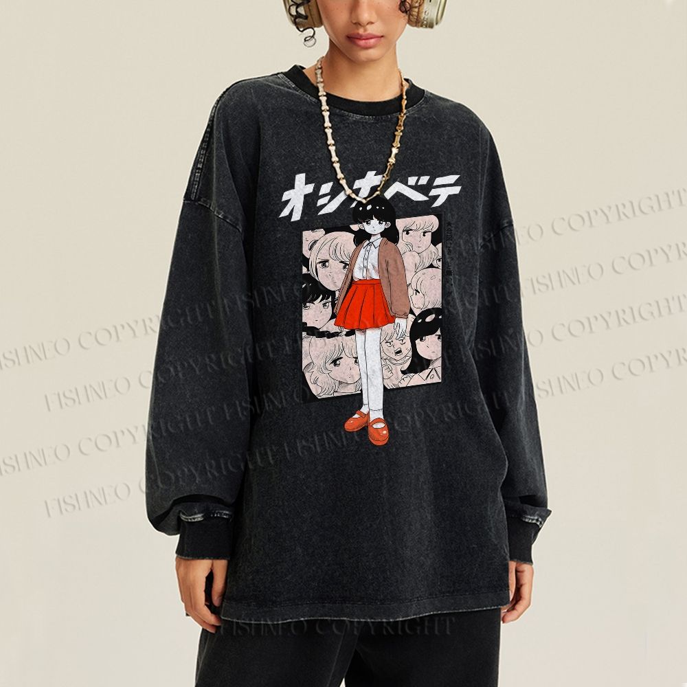 Unisex Casual Washed Japanese Girl Anime Printed Long Sleeve T-shirt